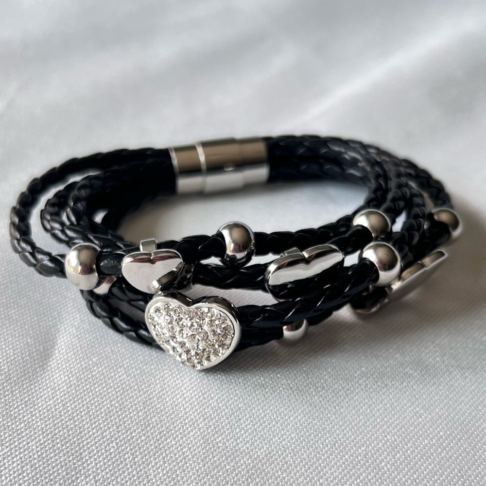 Multi-Strand Black Cord Wrap Bracelet Silver Tone Heart Charms & Beads